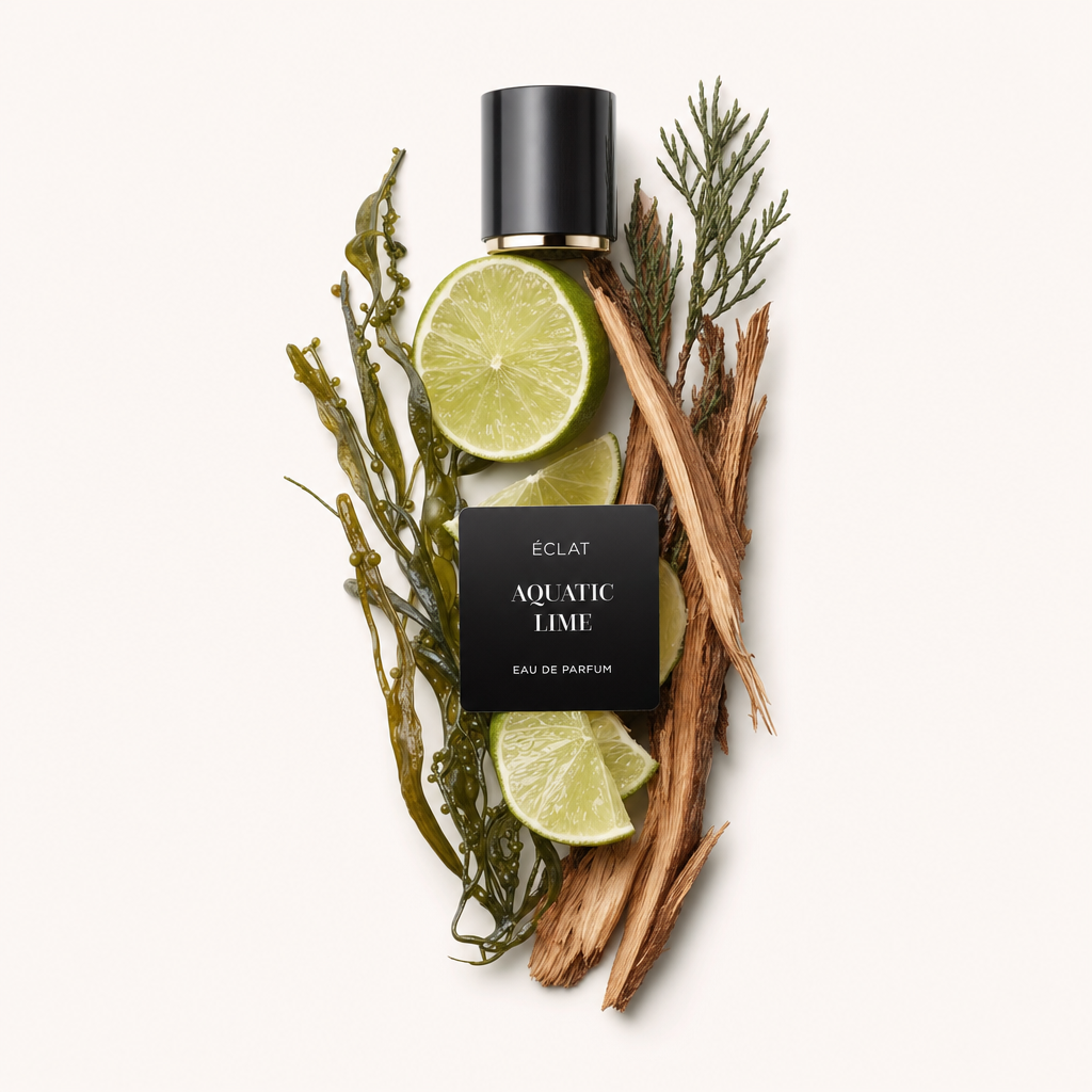 Una disposizione di fette di lime fresco, alghe e legni circonda un tappo nero con bordo dorato, etichettato 'ÉCLAT Aquatic Lime'.
