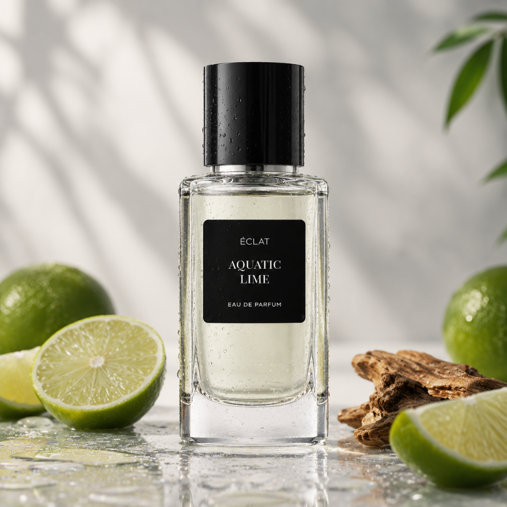 Boccetta in vetro sfaccettato di ÉCLAT Aquatic Lime con tappo nero, tra fette di lime fresco e dettagli in legno naturale.