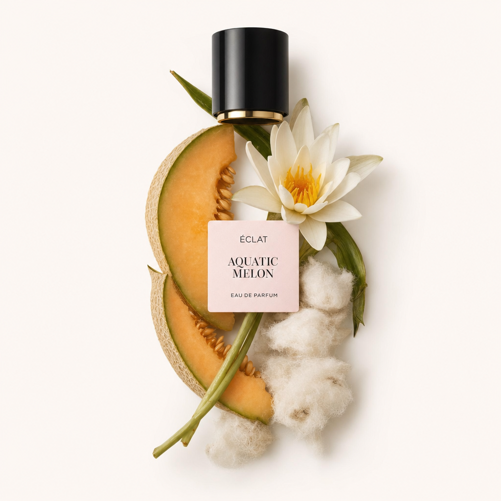 Una composizione armoniosa di fette di melone, un giglio d'acqua bianco e cotone soffice, con il tappo di ÉCLAT Aquatic Melon sopra.