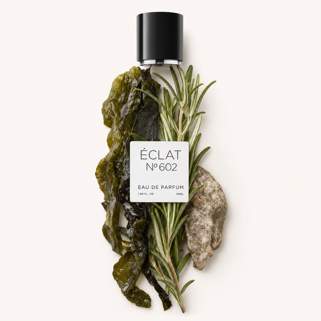 Un arrangiamento di alghe, rosmarino e pietra accanto al tappo nero originale ÉCLAT con etichetta.