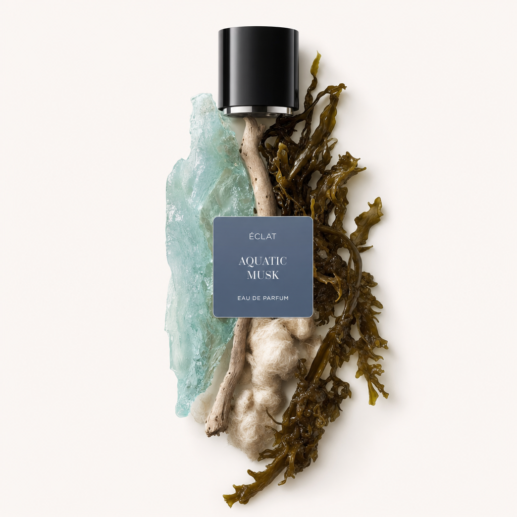 Un arrangiamento di cristallo acquamarina, legno di mare e alghe è elegantemente composto sotto un tappo nero etichettato ÉCLAT Aquatic Musk.