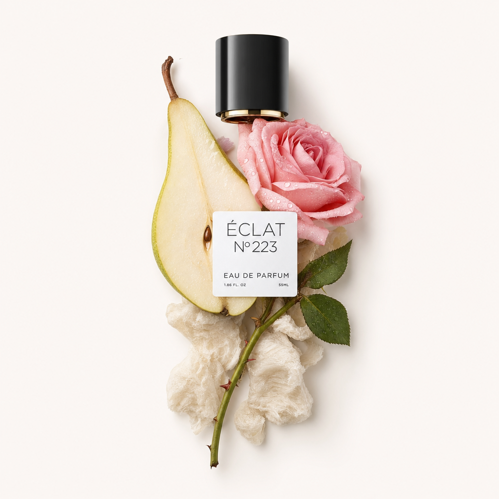 Un arrangiamento curato con una pera affettata, una rosa rosa rugiadosa e un gambo con foglie verdi, attorno a un tappo nero di ÉCLAT Aquatic Rose con un'etichetta elegante.
