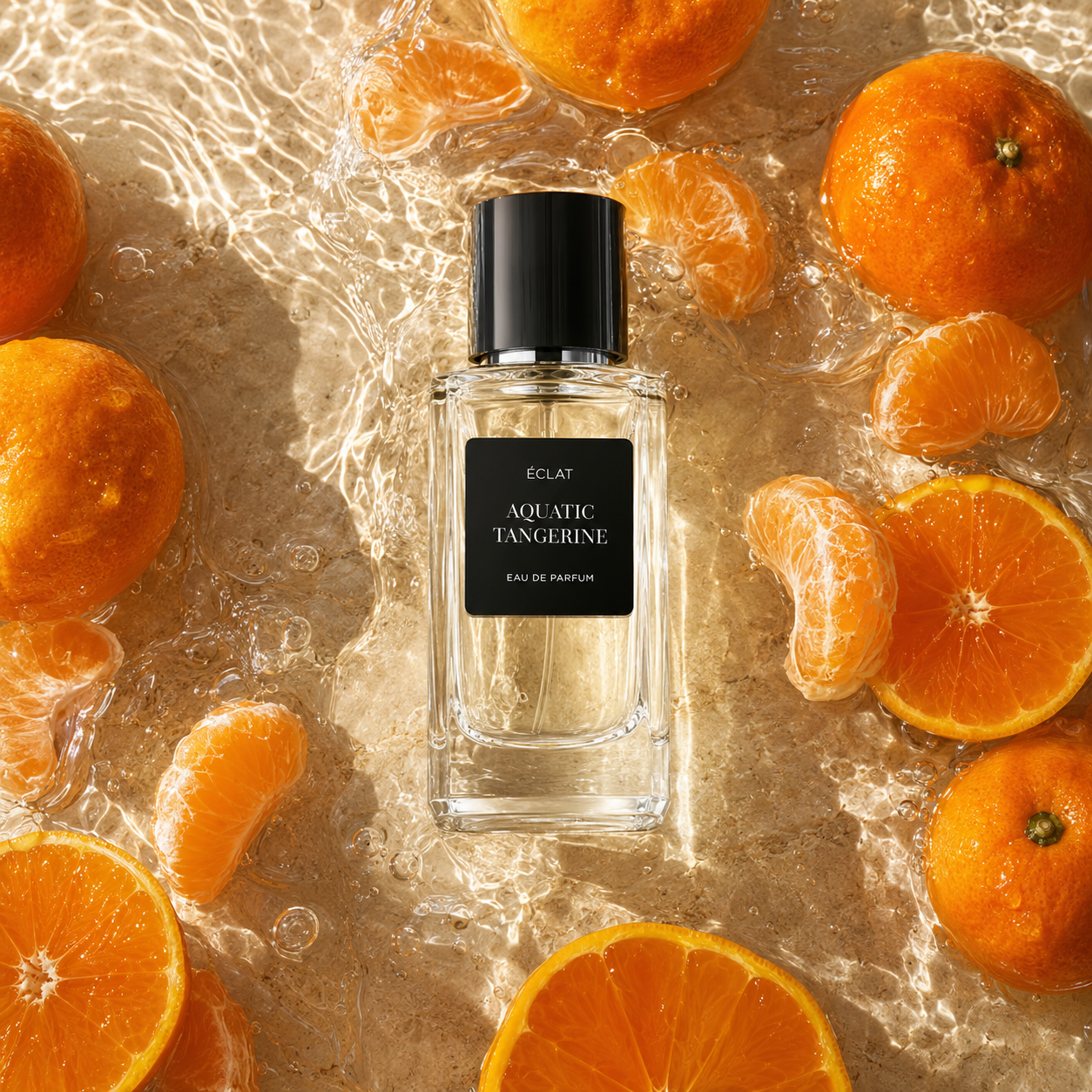 Un flacone in vetro sfaccettato di ÉCLAT Aquatic Tangerine Eau de Parfum è circondato da mandarini freschi e spicchi su una superficie d'acqua scintillante.