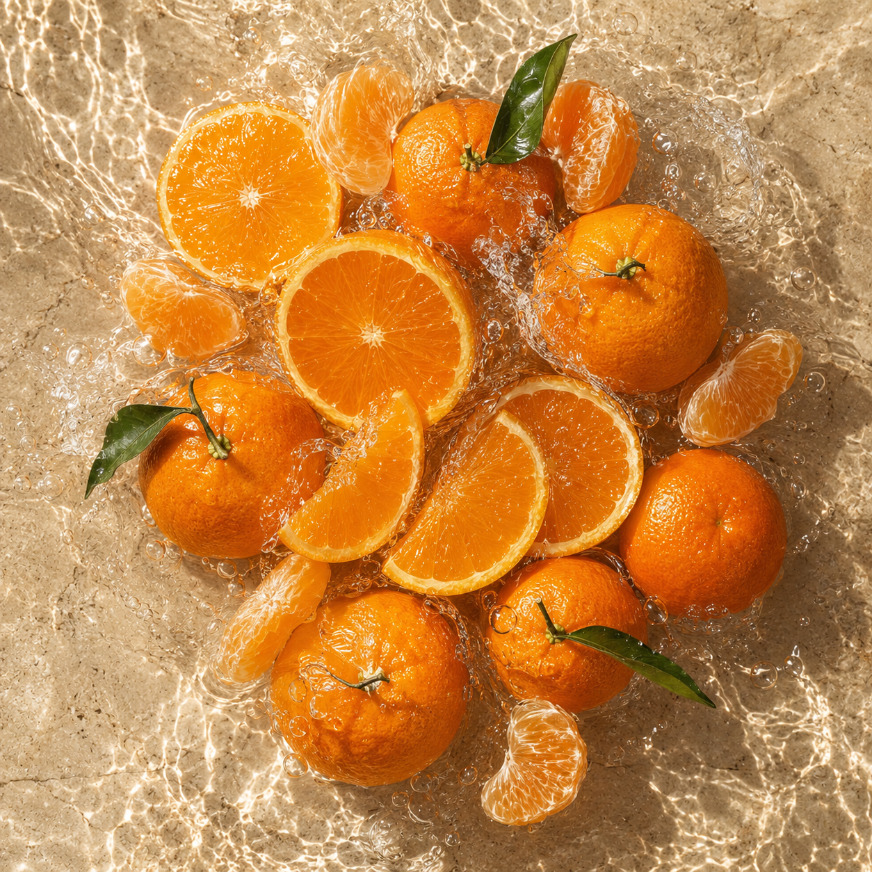 Un vivace arrangiamento di arance e mandarini interi e affettati circondati da acqua su una superficie di pietra, che incarna ÉCLAT Aquatic Tangerine.