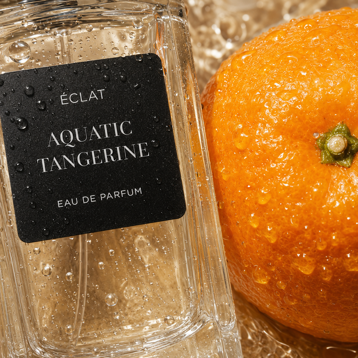 Flacone di vetro sfaccettato di ÉCLAT Aquatic Tangerine con etichetta nera accanto a un mandarino fresco, adornato con gocce d'acqua.