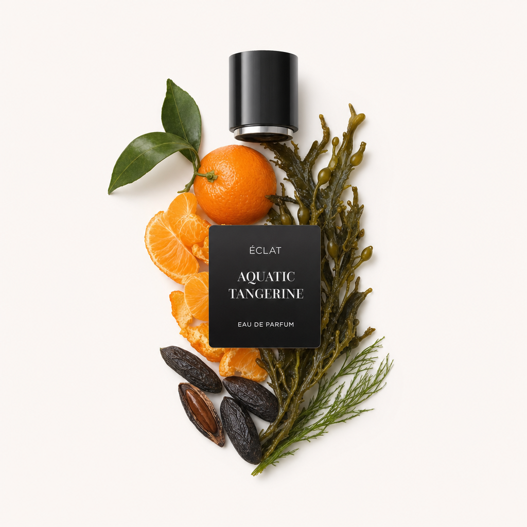 Una natura morta accuratamente arrangiata degli ingredienti della fragranza ÉCLAT Aquatic Tangerine, con mandarini freschi, alghe e fagioli tonka, con un tappo nero e un'etichetta sopra.