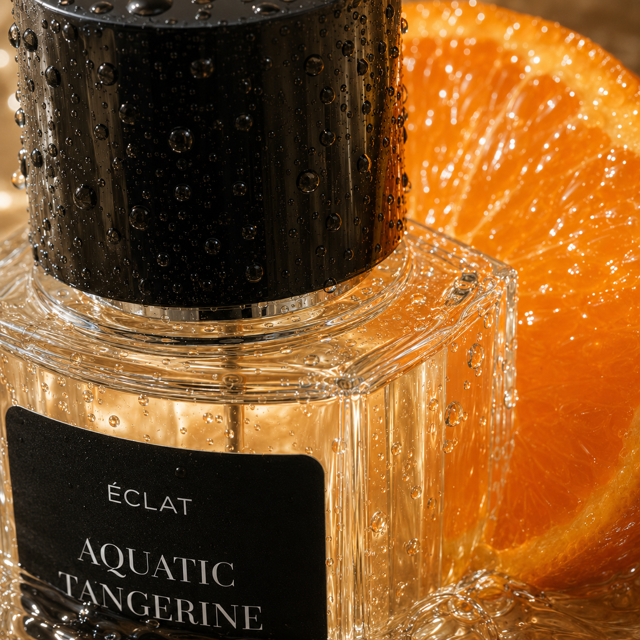 ÉCLAT Aquatic Tangerine in un flacone di vetro sfaccettato con tappo nero, adornato da gocce d'acqua e una fetta di mandarino fresco sullo sfondo.
