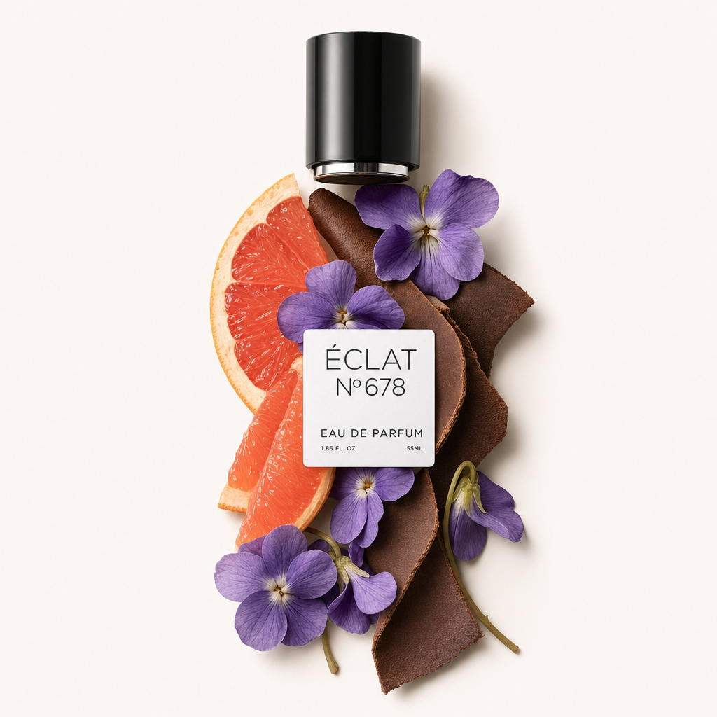 Un arrangiamento di fiori di violetta, fette di pompelmo e cuoio marrone ricurvo circonda un tappo nero con etichetta ÉCLAT.