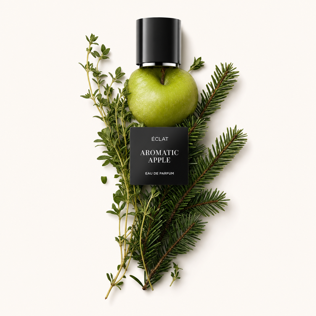 Disposizione di una mela verde croccante con rametti di timo fresco e rami di pino, sormontata da un tappo nero con etichetta ÉCLAT Aromatic Apple.