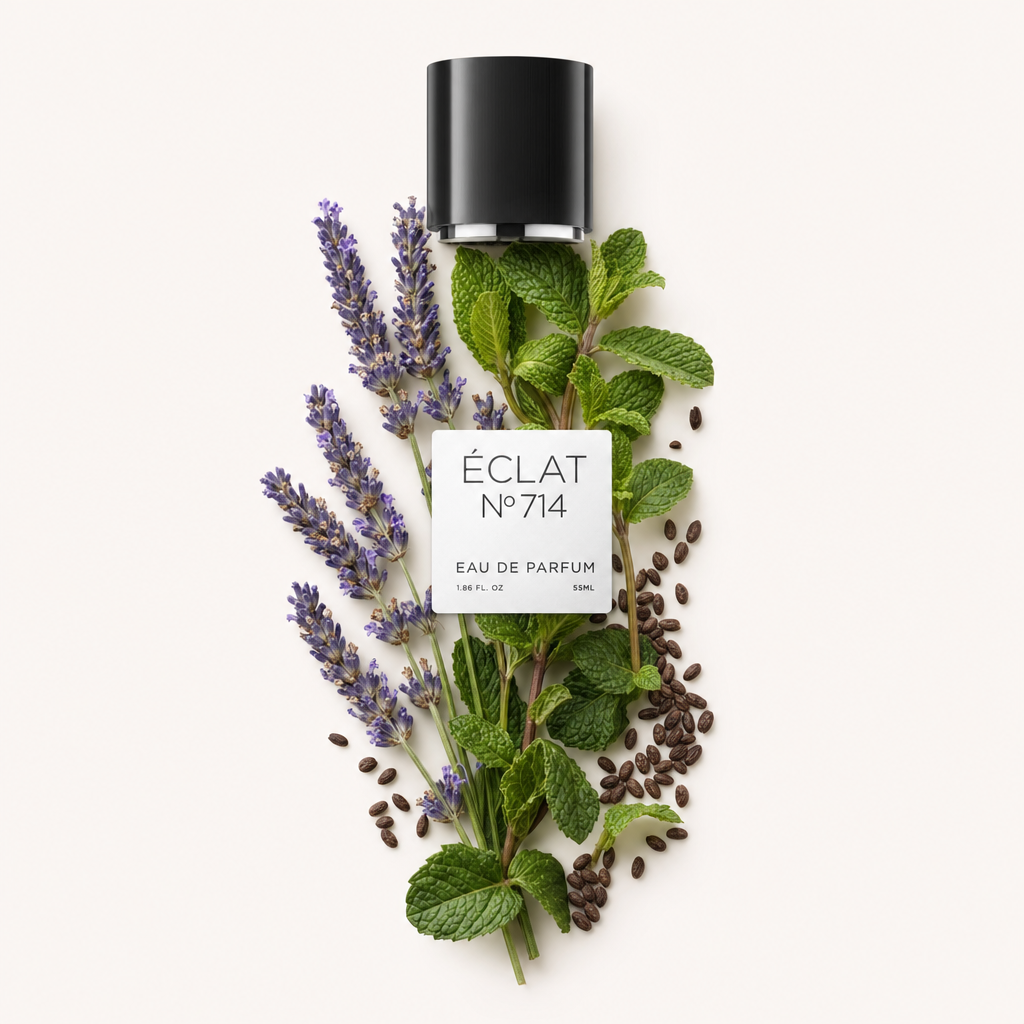 Un arrangiamento di rametti di lavanda e foglie di menta fresca, completato da chicchi di caffè, circonda il tappo nero originale con etichetta ÉCLAT Aromatic Lavender.