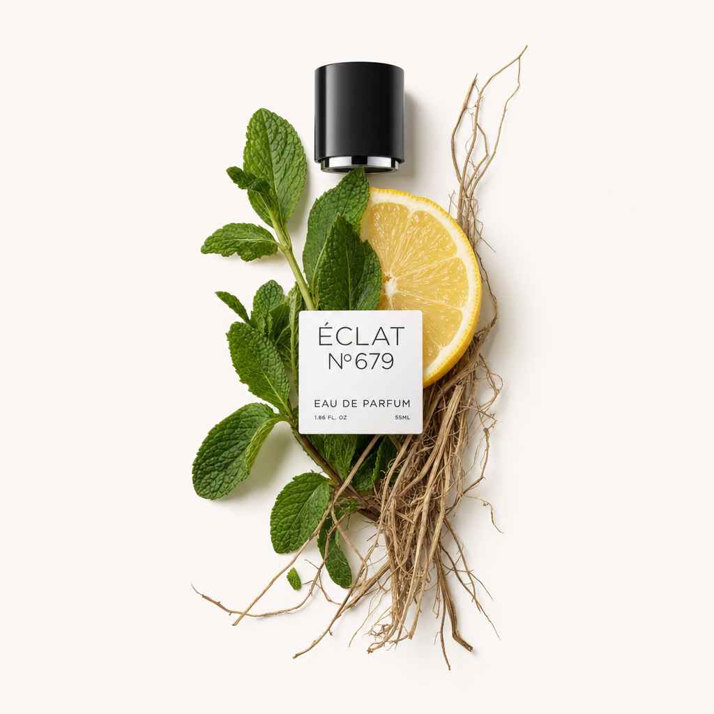 Una natura morta disposta a mano con foglie di menta, una fetta di limone e filamenti di radice circonda il tappo nero originale di ÉCLAT con etichetta.