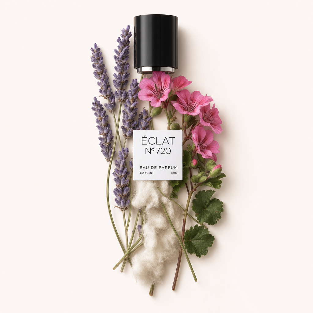 Un arrangiamento di rametti di lavanda, fiori di geranio rosa e fibre di cotone circonda un tappo nero con etichetta ÉCLAT.