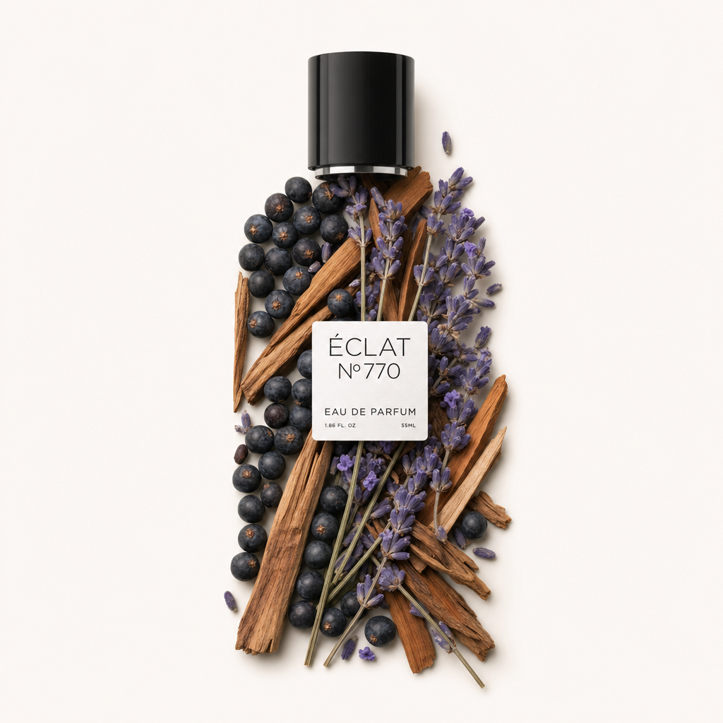 Una disposizione di bastoncini di sandalo, bacche di ginepro e rametti di lavanda circonda un tappo nero con etichetta di ÉCLAT Aromatic Sandalwood.