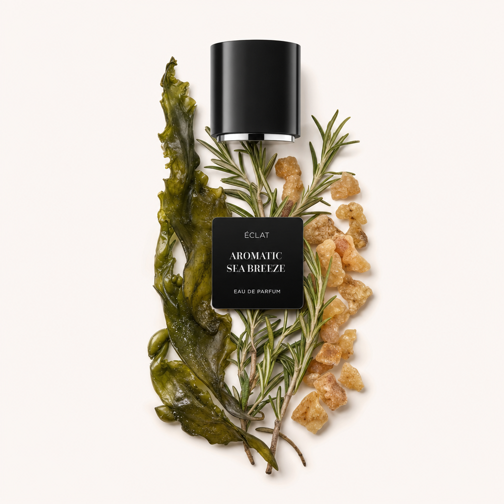 Una composizione di alghe, rametti di rosmarino e pezzi di resina di ambra circonda un tappo nero con l'etichetta ÉCLAT Aromatic Sea Breeze.