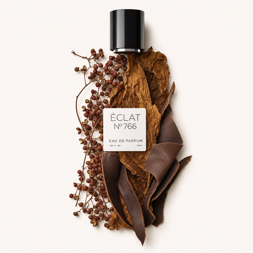 Un arrangiamento di bacche di pepe di Sichuan, foglie di tabacco essiccate e strisce di cuoio circonda il tappo nero con l'etichetta di ÉCLAT Aromatic Sichuan Pepper.