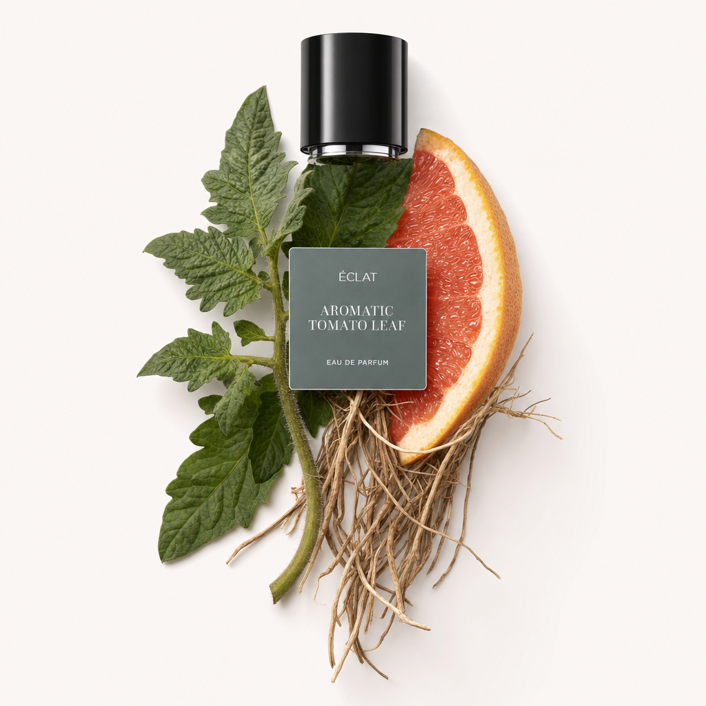 Un arrangiamento artigianale con foglie di pomodoro, una fetta di pompelmo e radici di piante; sormontato da un tappo nero etichettato ÉCLAT Aromatic Tomato Leaf.