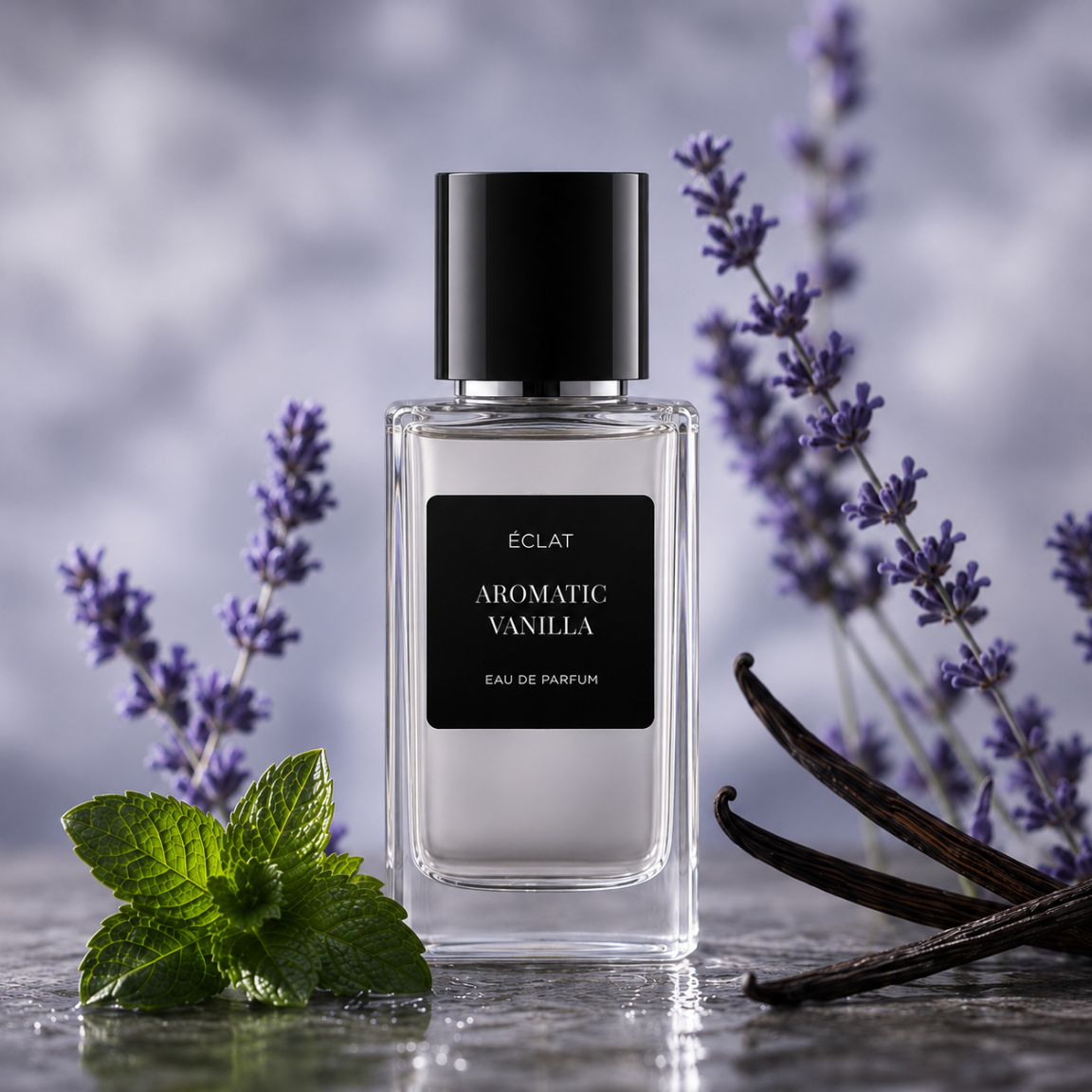 Una bottiglia in vetro trasparente di profumo ÉCLAT Aromatic Vanilla, con etichetta nera, circondata da rametti di lavanda, foglie di menta fresca e baccelli di vaniglia.
