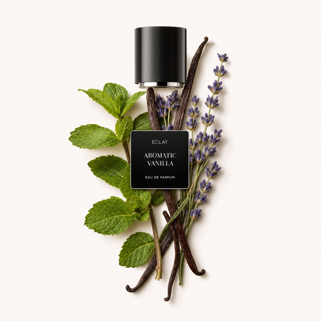 Un raffinato arrangiamento di foglie di menta, rametti di lavanda e bacche di vaniglia circonda un tappo nero con etichetta ÉCLAT Aromatic Vanilla.