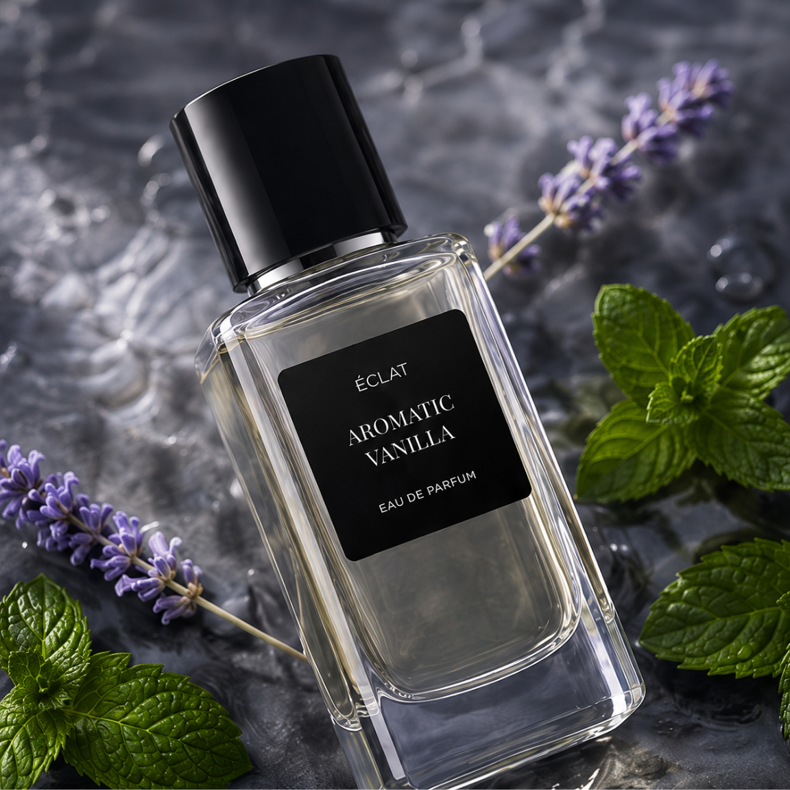 Il flacone in vetro sfaccettato di ÉCLAT Aromatic Vanilla con tappo nero è elegantemente disposto con rametti di lavanda e foglie di menta fresca su una superficie strutturata.