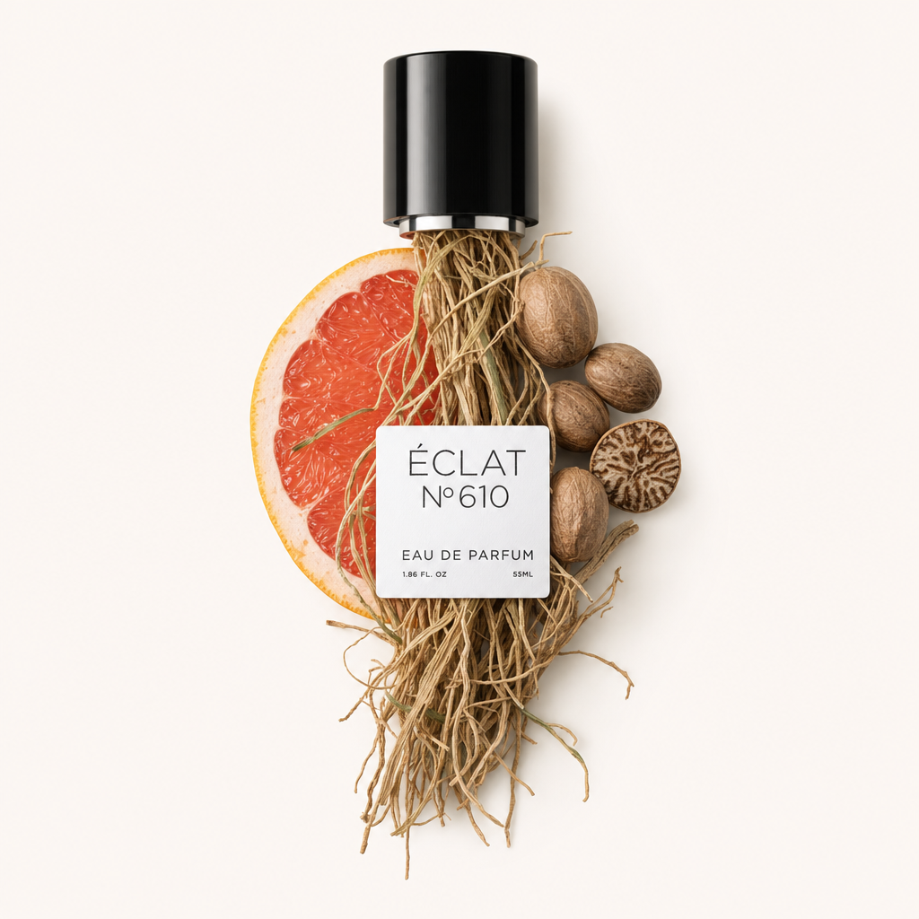 Un arrangiamento di radici di vetiver, mezzo pompelmo e noce moscata circonda un tappo nero con etichetta per ÉCLAT Aromatic Vetiver.