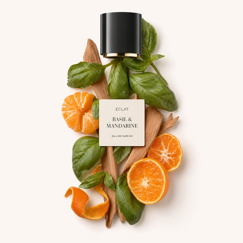 Un arrangiamento di foglie di basilico fresco, mandarini affettati e scorza di agrumi su uno sfondo di legno, con il tappo nero di ÉCLAT Basil & Mandarine al centro.