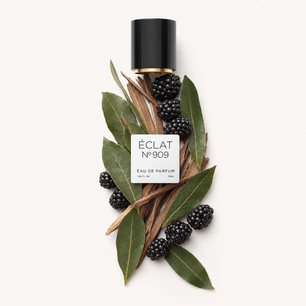 Un arrangiamento di more fresche e foglie di alloro circonda un tappo nero con etichetta, rappresentando ÉCLAT Bay Leaf & Blackberry.