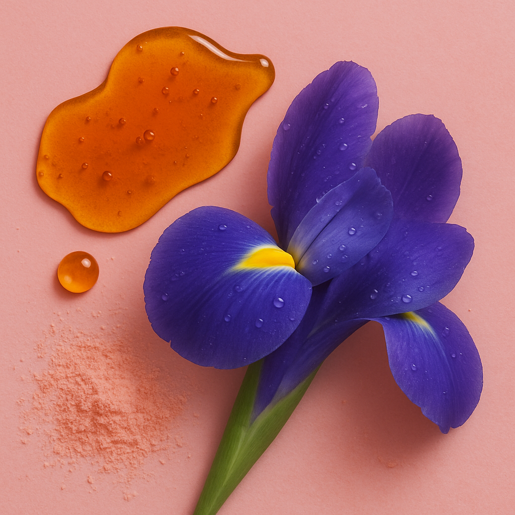 Sciroppo di caramello arancione, polvere rosa e un fiore di iris viola su sfondo rosa.