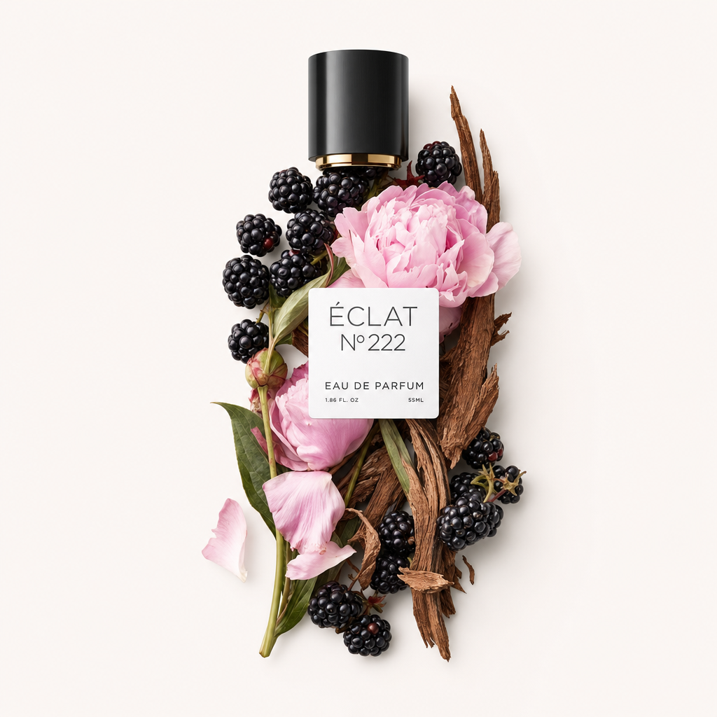 Un arrangiamento di peonie rosa, more e pezzi di legno di cedro con un tappo nero e etichetta di ÉCLAT Berries & Cedar.