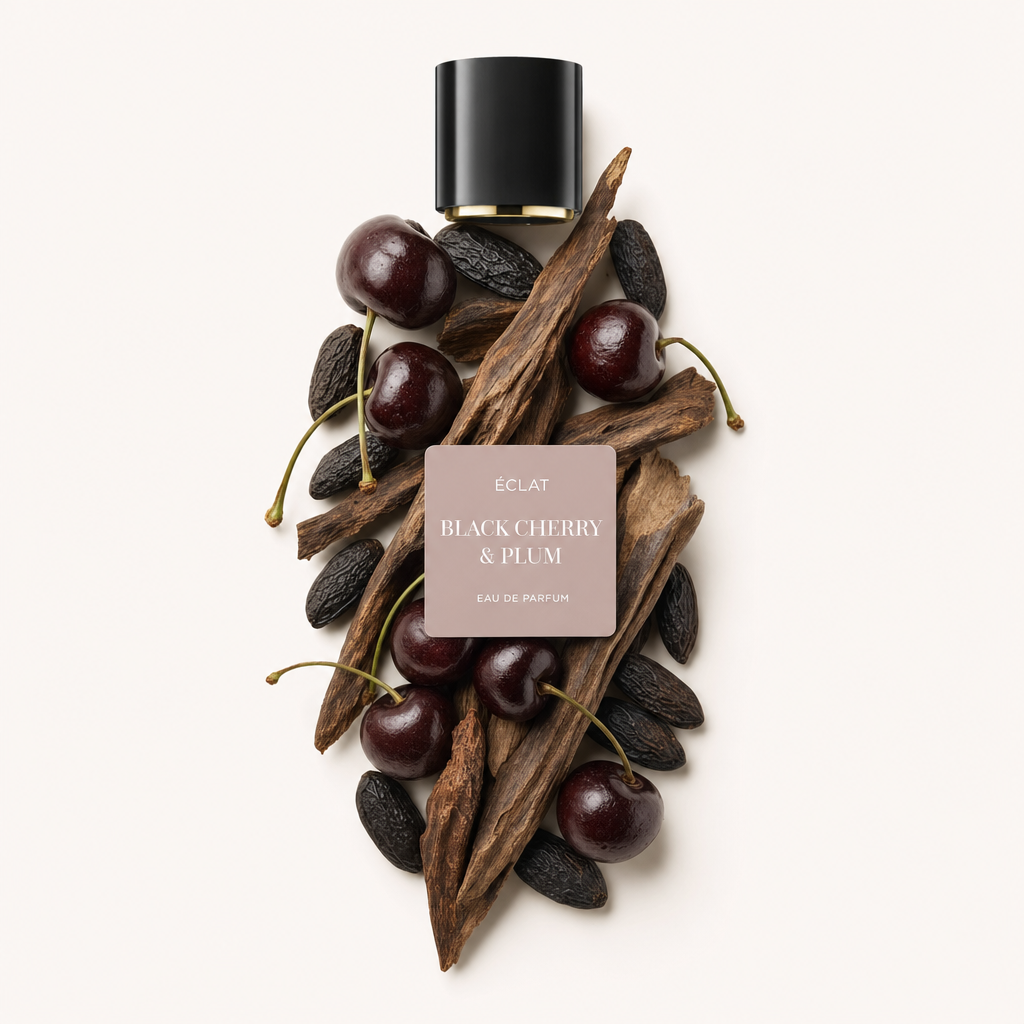 Una disposizione di ciliegie scure, legno di prugna e fagioli tonka circonda un tappo nero con etichetta ÉCLAT Black Cherry & Plum.