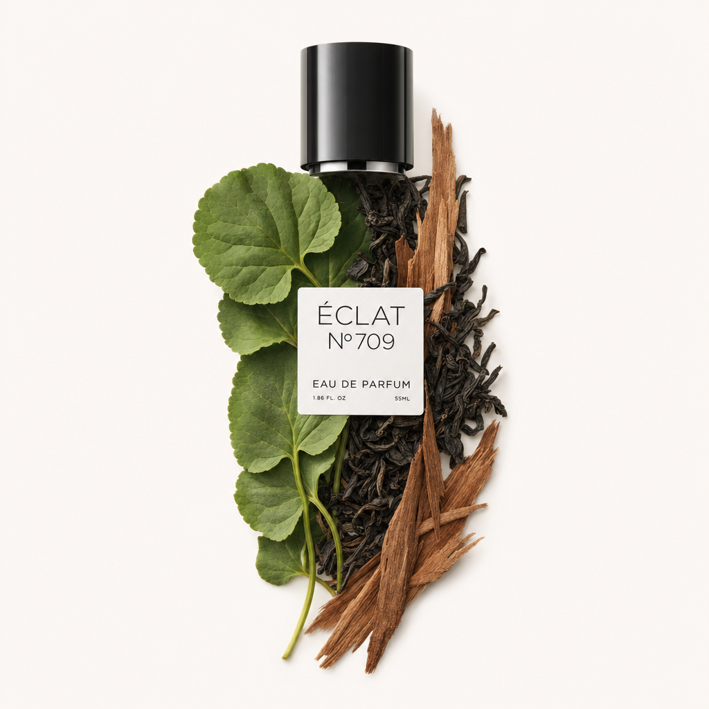 Un arrangiamento artistico di foglie di tè verde, strisce di cedro e tè nero sfuso con tappo nero e etichetta ÉCLAT 709.