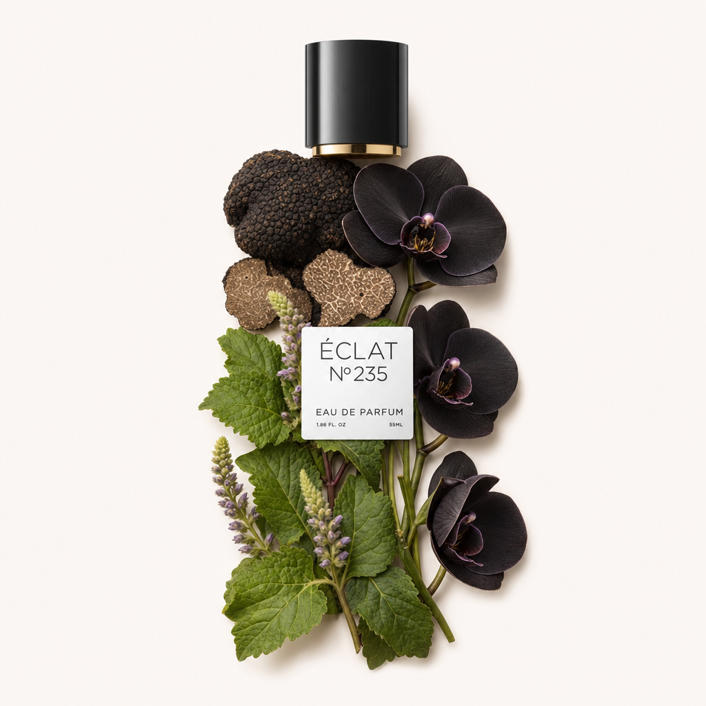 Una natura morta realizzata a mano di tartufi neri, fette di tartufi, orchidee nere e foglie verdi circonda un tappo nero con etichetta ÉCLAT Black Truffle & Orchid.
