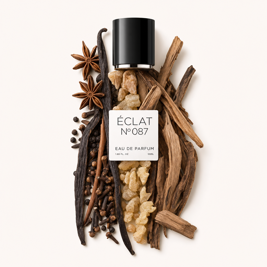 Una composizione di anice stellato, baccelli di vaniglia, grani di pepe ed elementi legnosi circonda un tappo nero con etichetta ÉCLAT Black Woods.