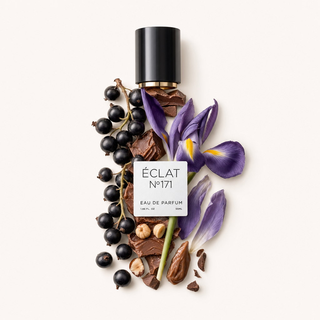 Una composizione di bacche di ribes nero, cioccolato pralinato e iridi viola, con il tappo nero originale di ÉCLAT adornato con un'etichetta.