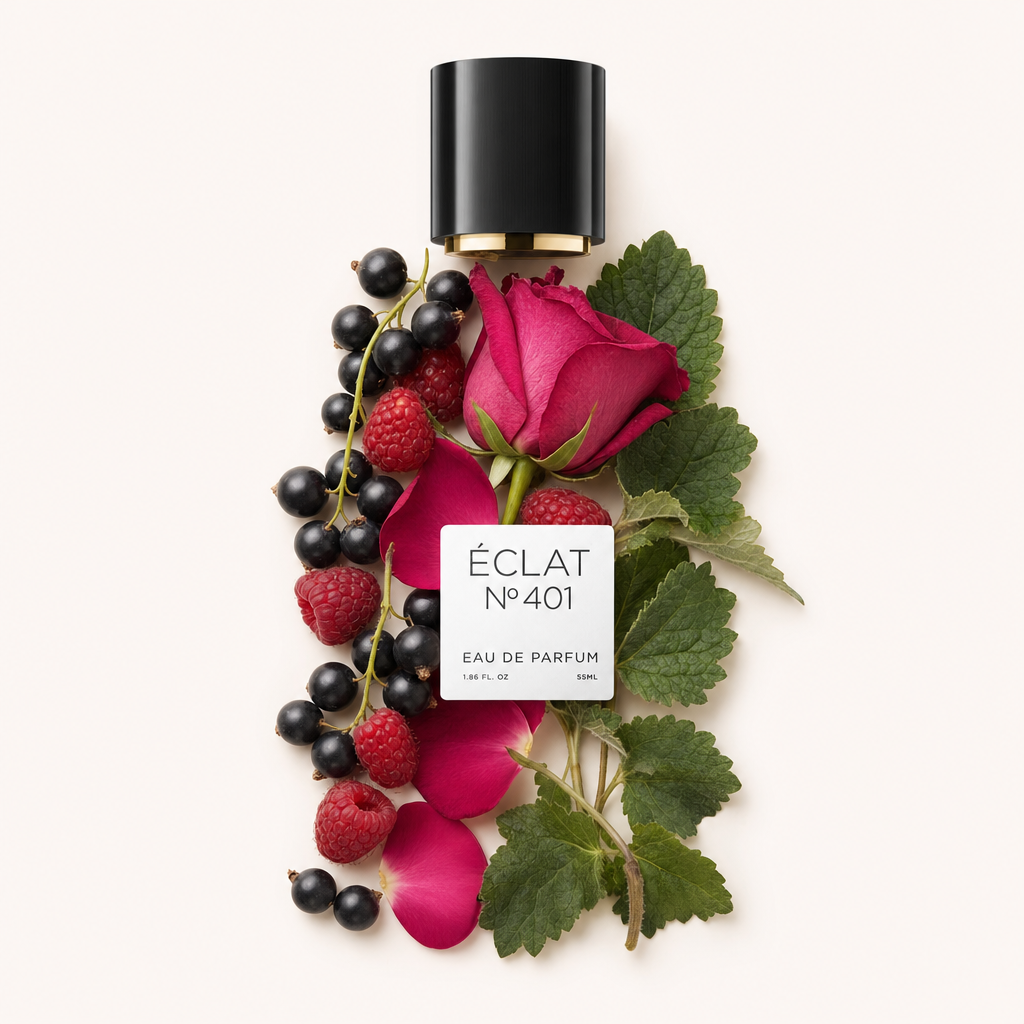 Un arrangiamento di ribes nero, lamponi, una rosa rosa e foglie verdi attornia un tappo nero con etichetta per ÉCLAT Blackcurrant & Raspberry.