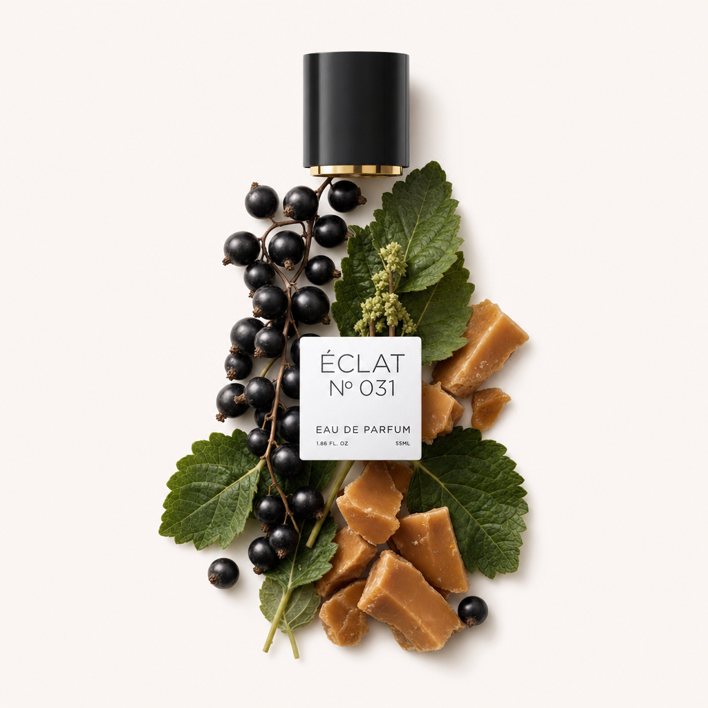 Una composizione di ribes nero e pezzi di caramello con foglie verdi circonda un tappo nero con l'etichetta ÉCLAT Blackcurrant & Toffee.