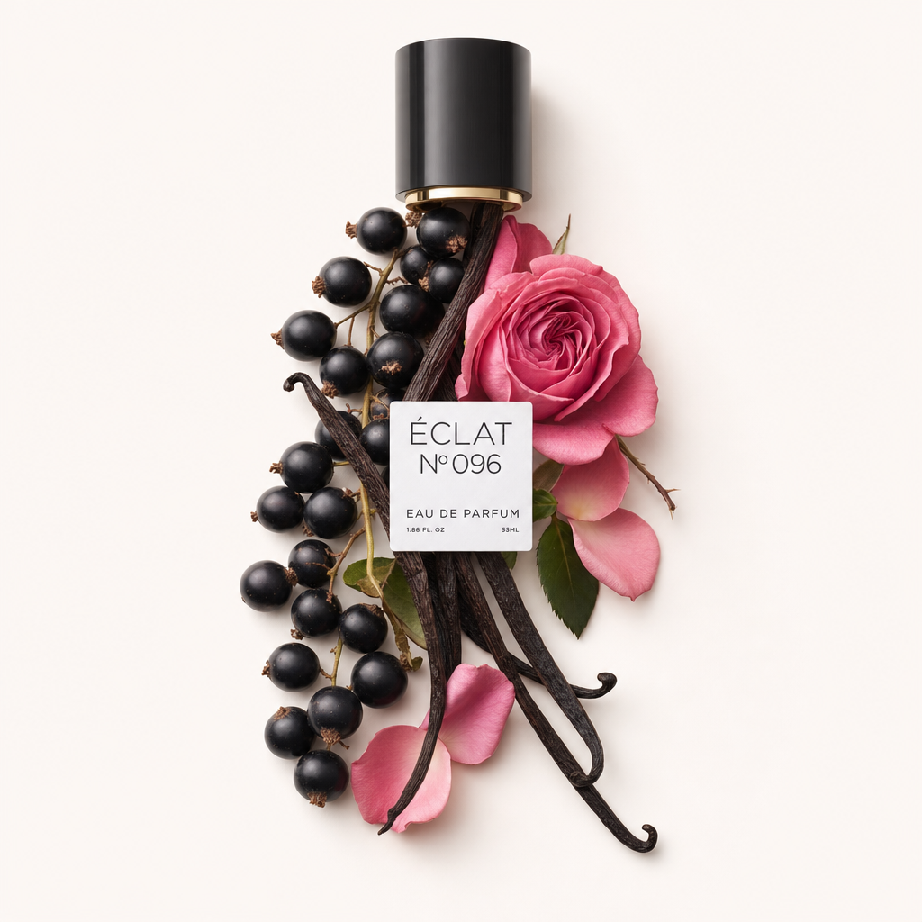 Un arrangiamento artistico di ribes nero, baccelli di vaniglia e petali di rosa rosa che circondano un tappo nero con etichetta ÉCLAT.