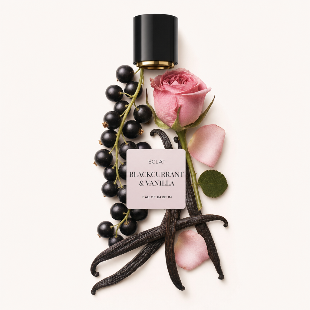 Un arrangiamento di ribes nero, una rosa rosa e baccelli di vaniglia accanto a un tappo nero con etichetta di ÉCLAT Blackcurrant & Vanilla.