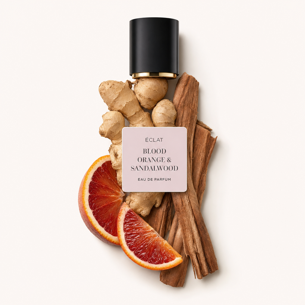 Un arrangiamento di radici di zenzero, fette di arancia rossa e bastoncini di sandalo è artisticamente disposto attorno a un tappo nero con etichetta per ÉCLAT Blood Orange & Sandalwood.