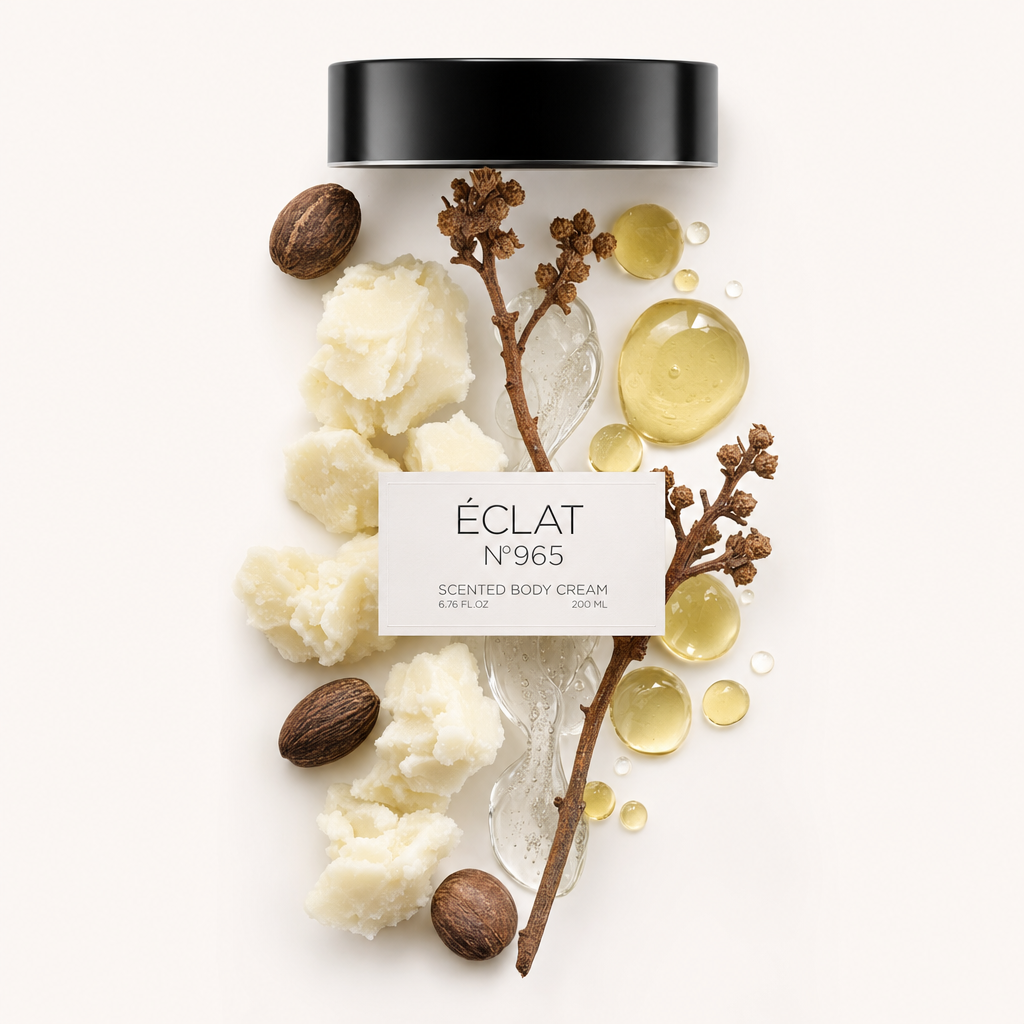 Una natura morta accuratamente disposta di ingredienti ÉCLAT 965 include noci intere, burro di karité cremoso, gocce di liquido ambrato e un ramoscello, con il tappo nero originale con etichetta sopra.