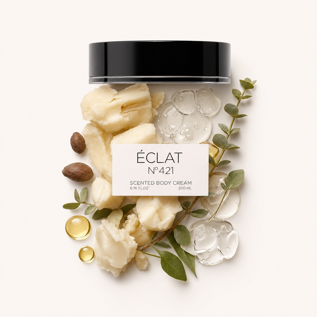 Un raffinato arrangiamento di ingredienti grezzi della crema per il corpo accanto a un tappo nero con etichetta, che mostra la ÉCLAT 421 Body Cream.