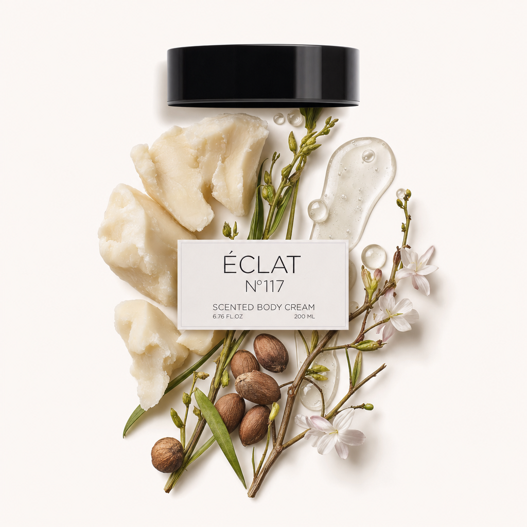 Un tappo nero con etichetta ÉCLAT 117 è circondato da burro di karité, noci, fiori delicati e gocce di olio su uno sfondo chiaro.