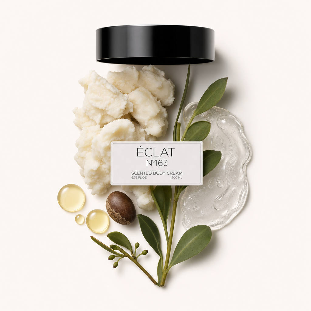 Composizione di crema soffice, foglie verdi, una noce di karité e piccole gocce d'olio, accanto a un tappo ÉCLAT con etichetta.