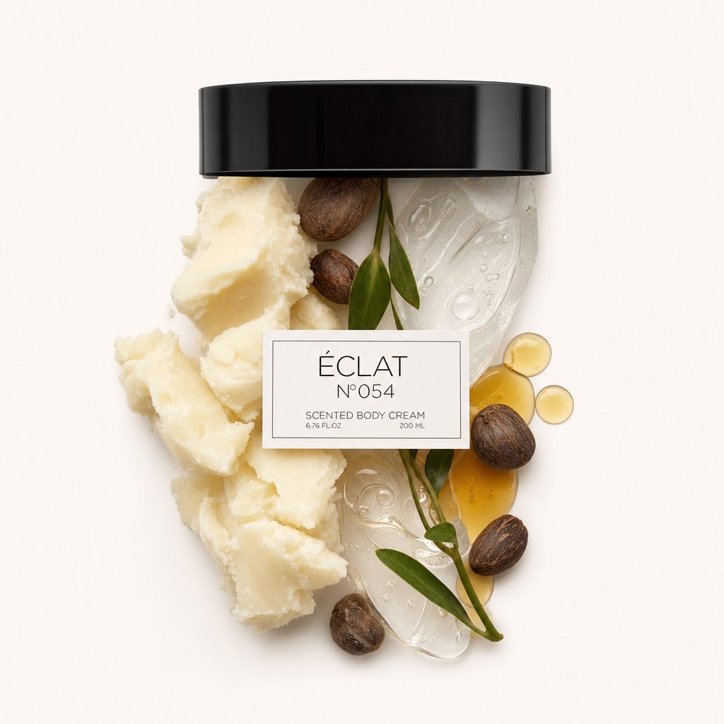Un insieme di burro di karité, noci, gel trasparente e gocce color ambra, sormontato da un tappo nero con etichetta ÉCLAT 054 Body Cream.