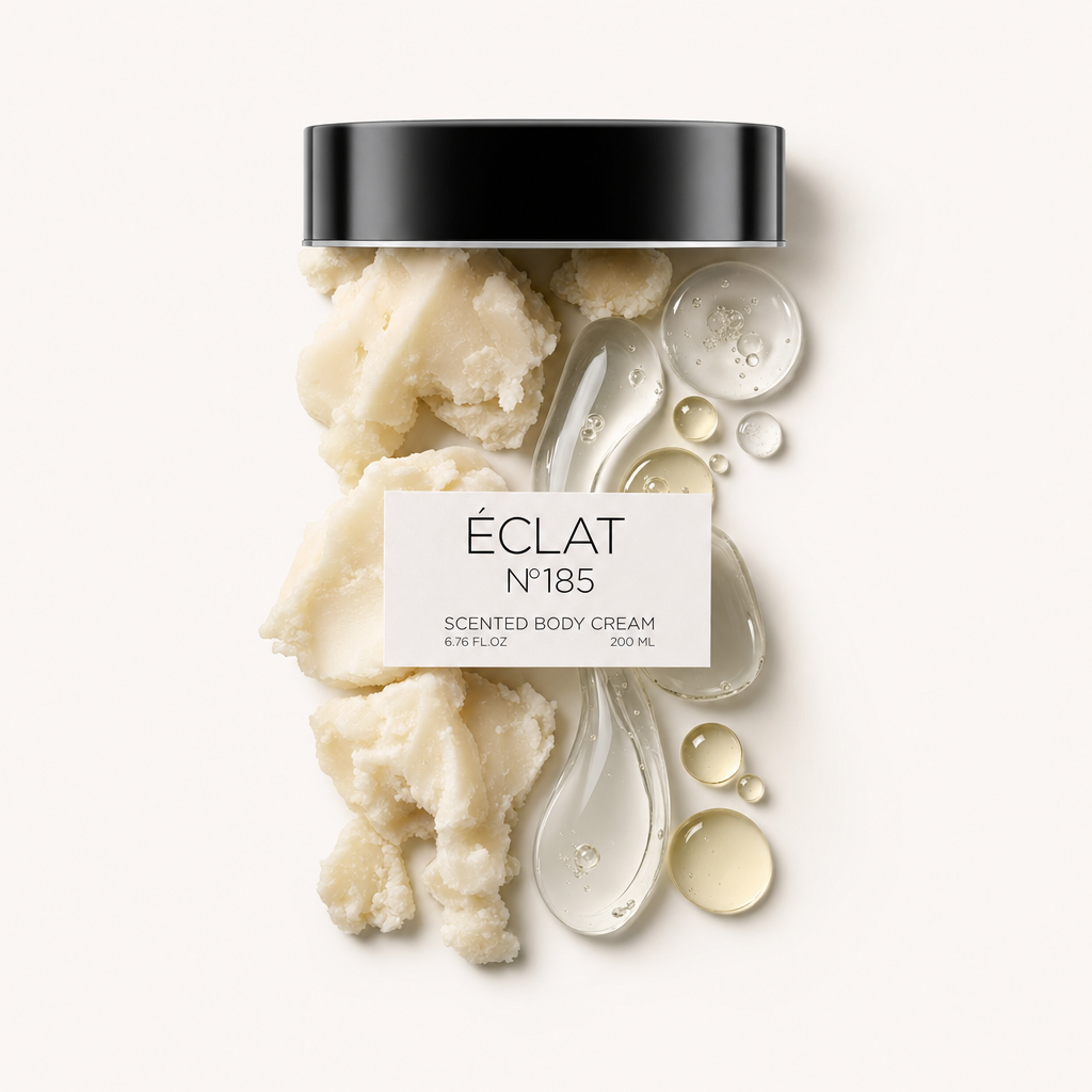 Un elegante arrangiamento degli ingredienti della Body Cream ÉCLAT 185, con crema strutturata e gocce d'olio lucide sotto un tappo nero con etichetta.