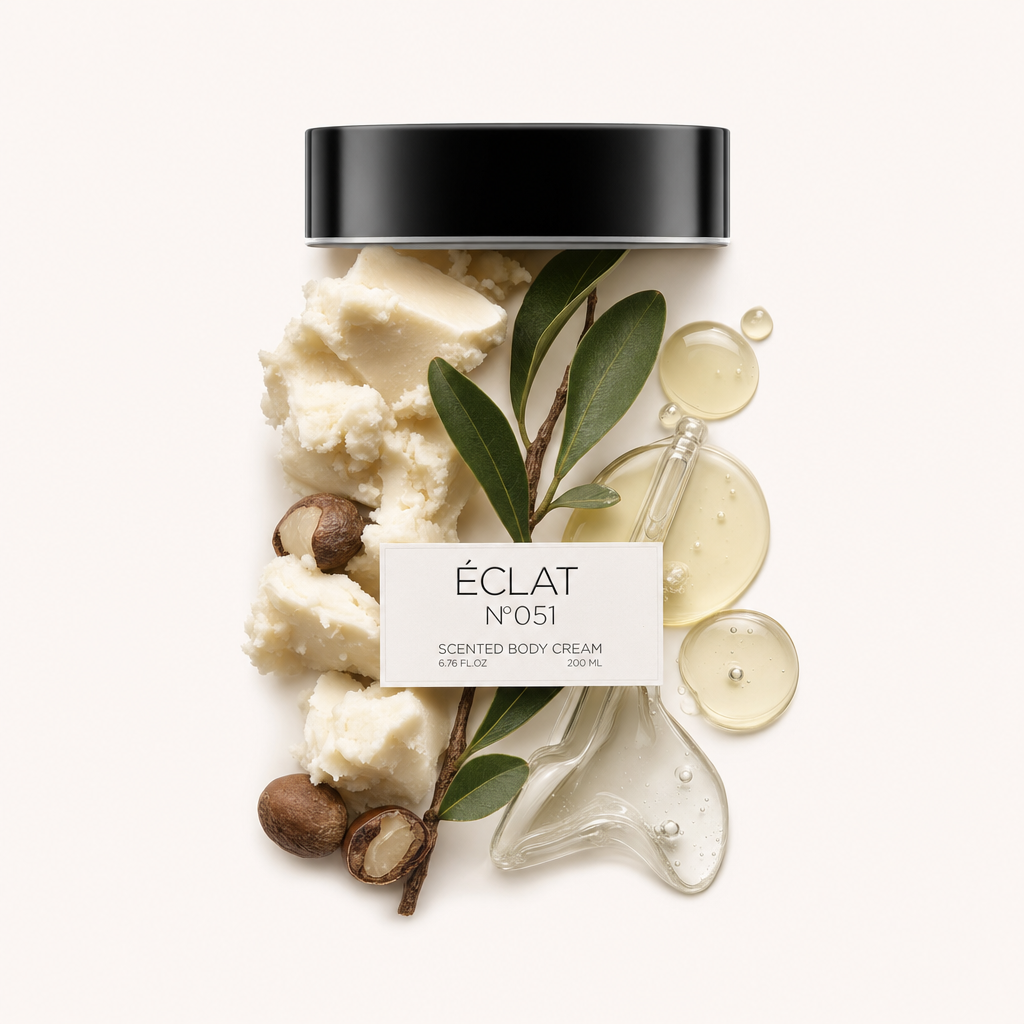 Un arrangiamento di ingredienti naturali con burro di karité cremoso, noci di macadamia intere, foglie di olivo e gocce di olio dorato traslucido, sormontato da un tappo nero e un'etichetta ÉCLAT N°051.