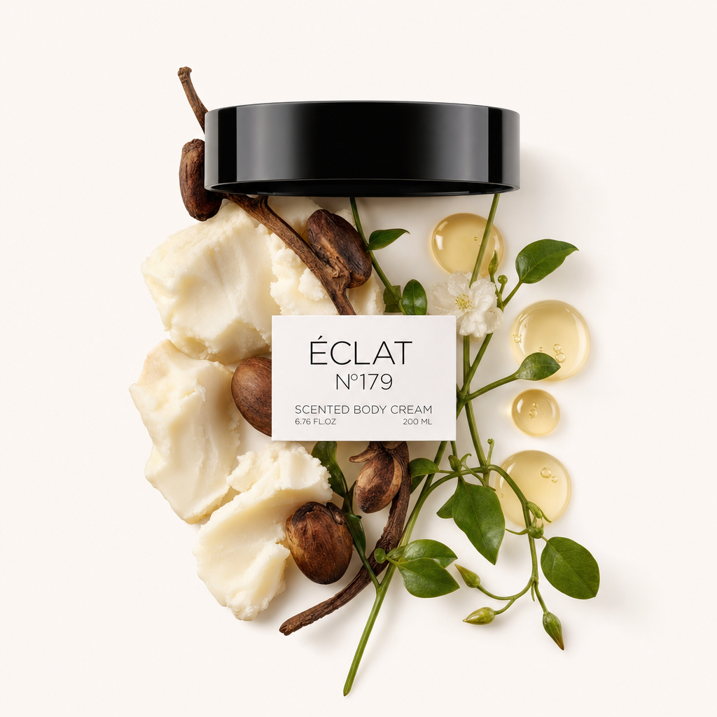 Una composizione di ingredienti della Body Cream ÉCLAT 179 con pezzi di crema bianca, noci marroni, foglie verdi e accenti floreali, con un tappo nero che mostra l'etichetta.