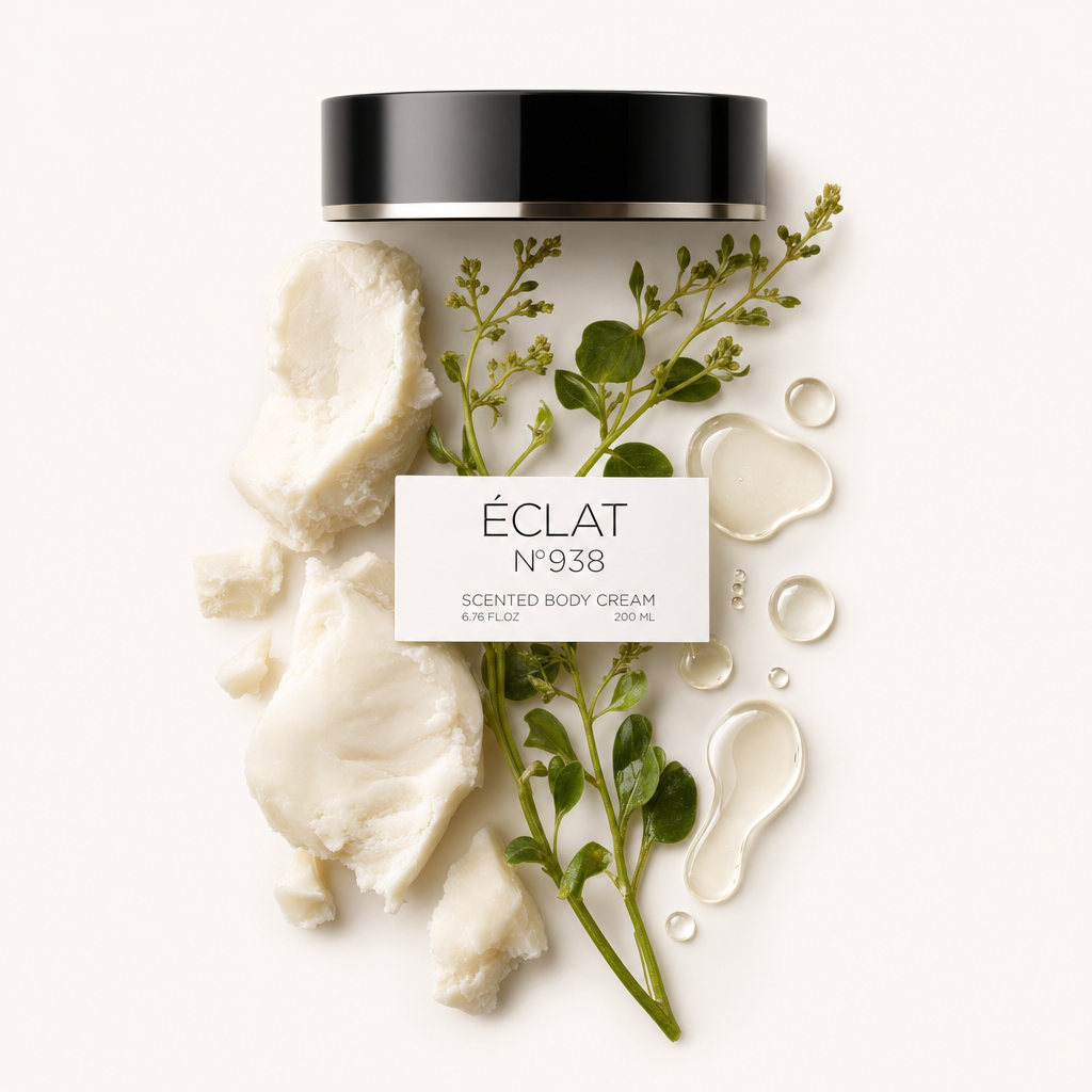 Un arrangiamento di crema per il corpo bianca e cremosa, foglie verdi fresche e gocce trasparenti accanto a un tappo nero con l'etichetta ÉCLAT 938.