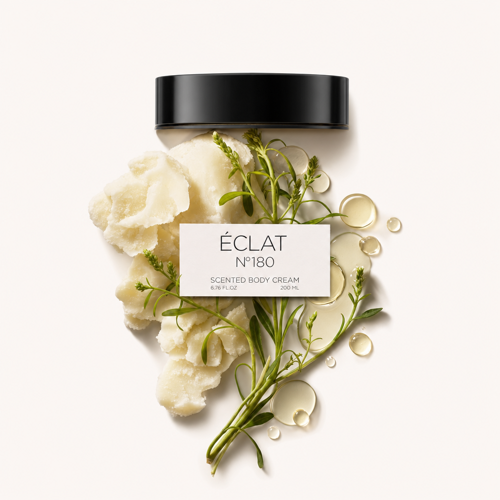 Un arrangiamento di elementi botanici bianchi cremosi con rametti verdi e gocce di olio circonda un tappo nero etichettato "ÉCLAT N°180 Scented Body Cream".