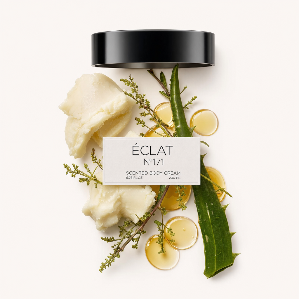 Una composizione di foglia di aloe, sostanza cremosa e rami delicati con gocce di liquido giallo, accompagnata dal tappo nero con etichetta di ÉCLAT.