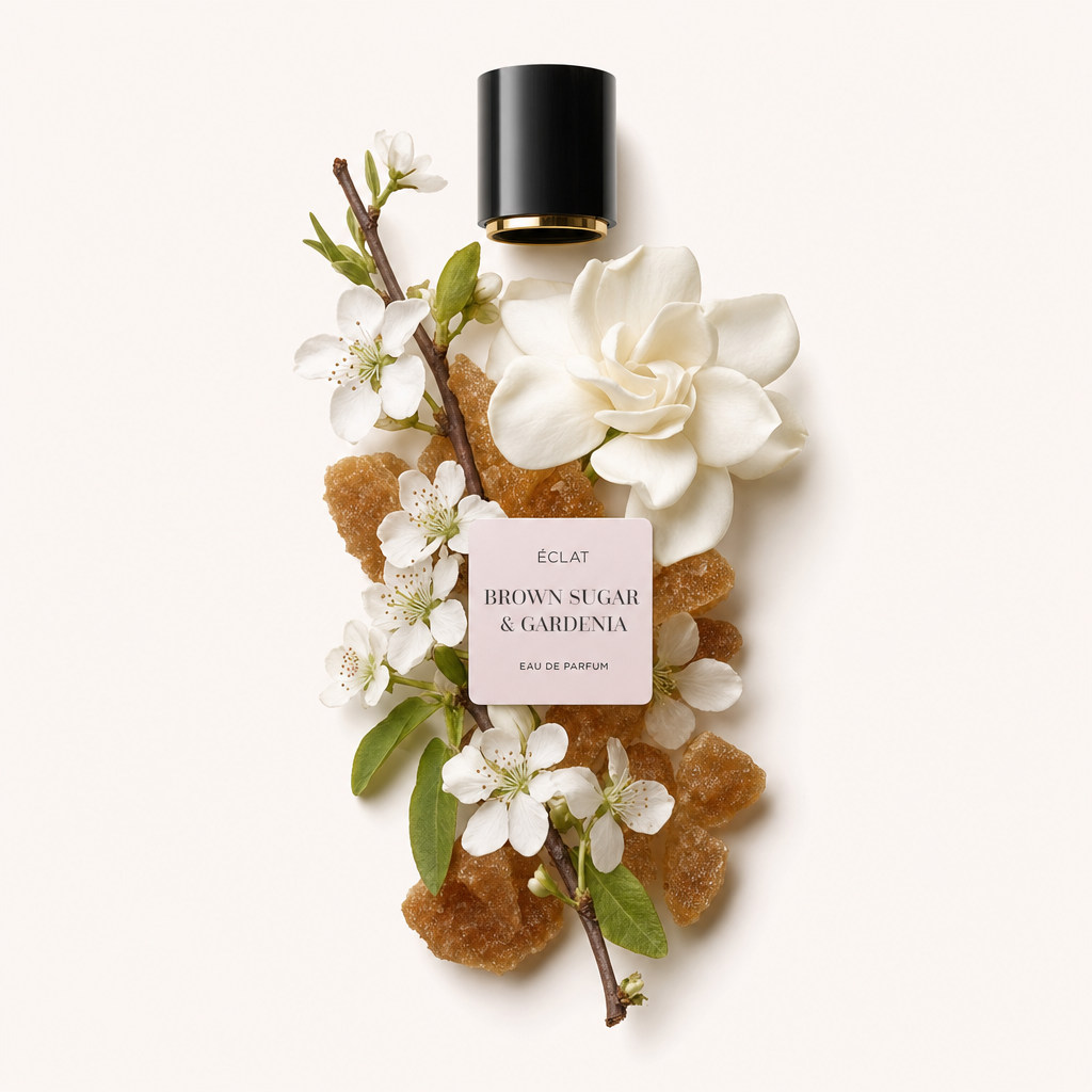 Un arrangiamento di cristalli di zucchero di canna, delicati fiori di gardenia e rami in fiore circonda un tappo nero con base dorata etichettato ÉCLAT Brown Sugar & Gardenia.